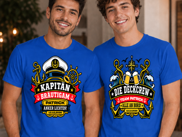 JGA 4 JGA T-Shirt Mann Kapitän- und Deckcrew-Shirt mit Name und Datum