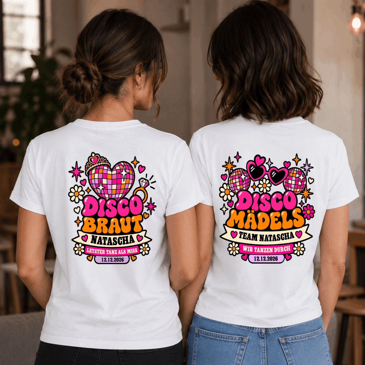 JGA 6 JDisco Braut JGA T-Shirt mit Rückendruck – personalisiert für Braut und Mädels