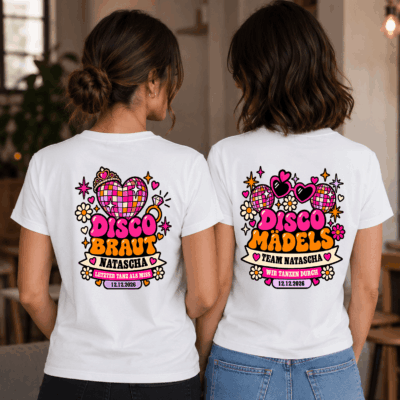 JGA 6 JDisco Braut JGA T-Shirt mit Rückendruck – personalisiert für Braut und Mädels