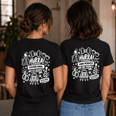Hurra, ich heirate JGA T-Shirt –  für Braut und Freundinnen mit Rückendruck