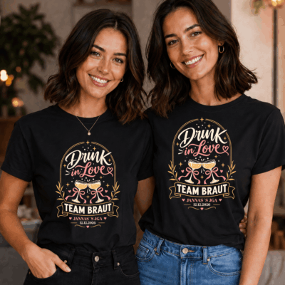 JGA 8 Drink in Love Team Braut T-Shirt – JGA Gruppenshirt mit Name und Datum