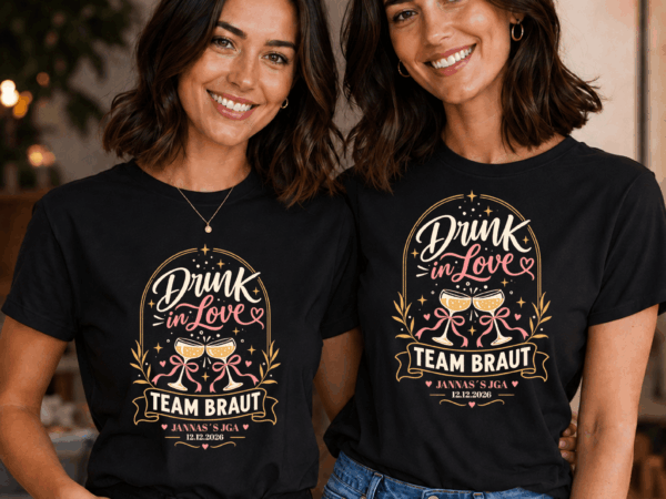 JGA 8 Drink in Love Team Braut T-Shirt – JGA Gruppenshirt mit Name und Datum
