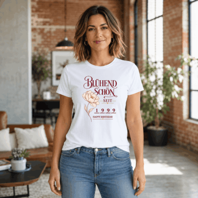 Woman BDAY 2 „Blühend schön seit“ T-Shirt Damen mit Geburtsjahr – Personalisiertes Jahrgangsshirt