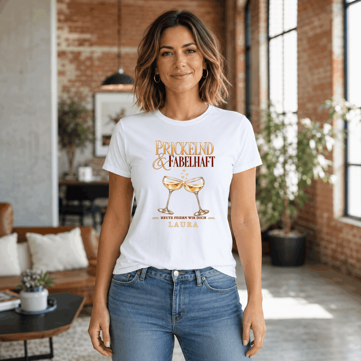 Woman BDAY 5 Geburtstag T-Shirt Damen personalisiert mit Name – Sekt Partyshirt „Prickelnd und fabelhaft“