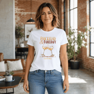 Woman BDAY 5 Geburtstag T-Shirt Damen personalisiert mit Name – Sekt Partyshirt „Prickelnd und fabelhaft“