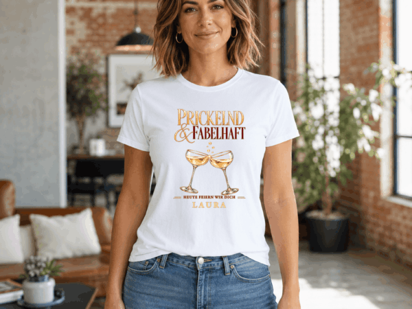 Woman BDAY 5 Geburtstag T-Shirt Damen personalisiert mit Name – Sekt Partyshirt „Prickelnd und fabelhaft“
